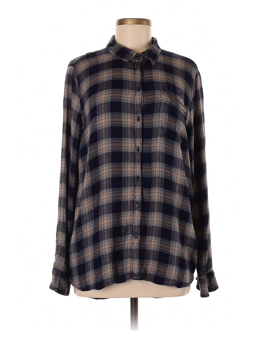 Lucky Brand Navy and Beige Plaid Button-Down Shirt